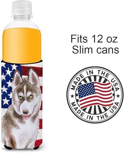Miniatura 5 de Caroline's Treasures BB9696CC - Enfriador patriótico para latas o botellas, color gris siberiano, funda plegable con aislamiento para bebidas, Husky