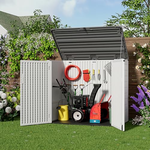 Image of ZZM Large Outdoor Storage Shed, 48 Cu Ft Resin Versatile Storage Cabinet for Patio Accessories, Trash Cans & Garden Tools, Durable Horizontal Storage Box with Lockable Lid (White)