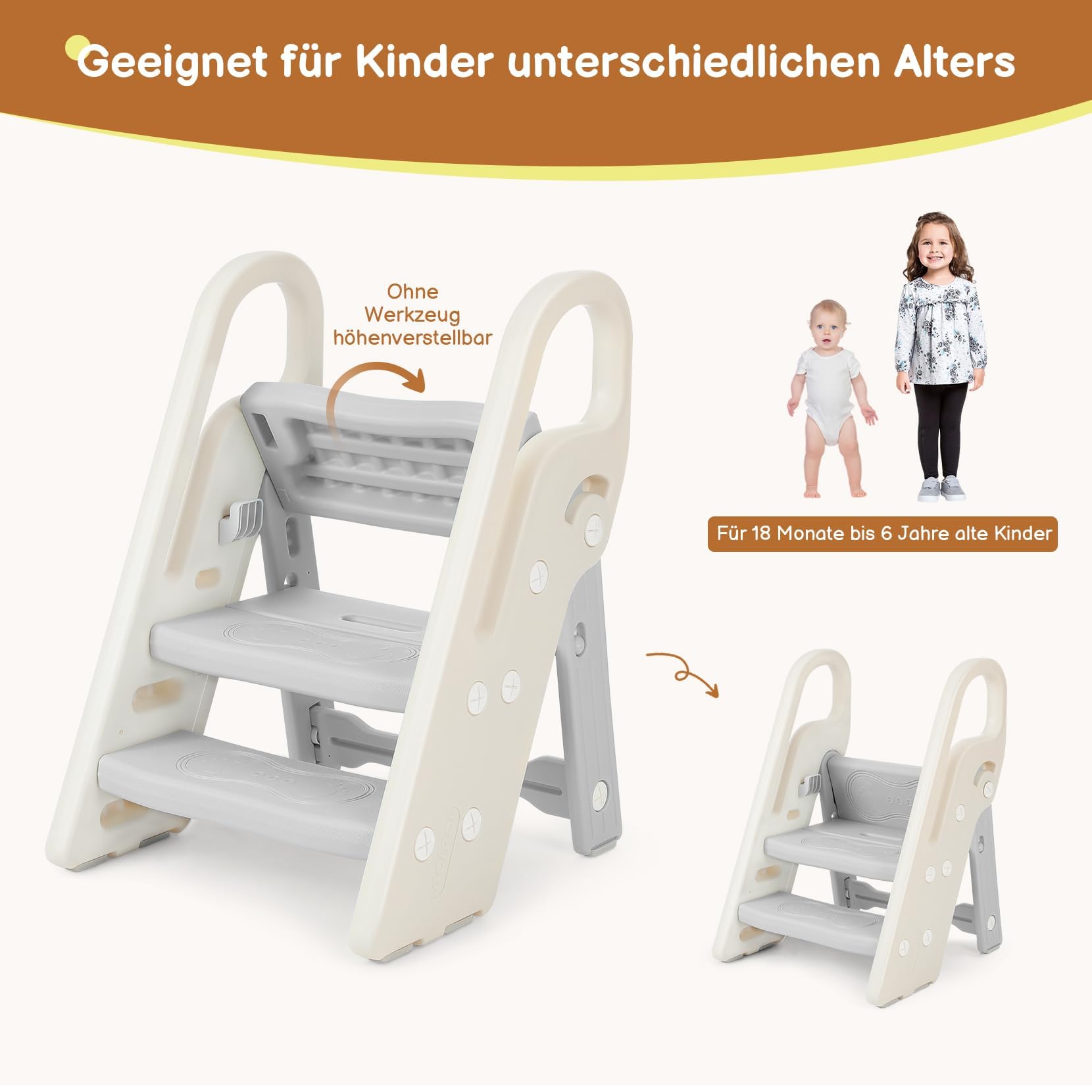 Onasti Tritthocker für Kinder, 2 Stufen - 3 Stufen Höhenverstellbar Kinderschemel, Trittschemel für Baby, Lernturm mit Handhaben, Faltbar, Multifunktional, für Bad, Kleinkinderzimmer, Küche (Grau)