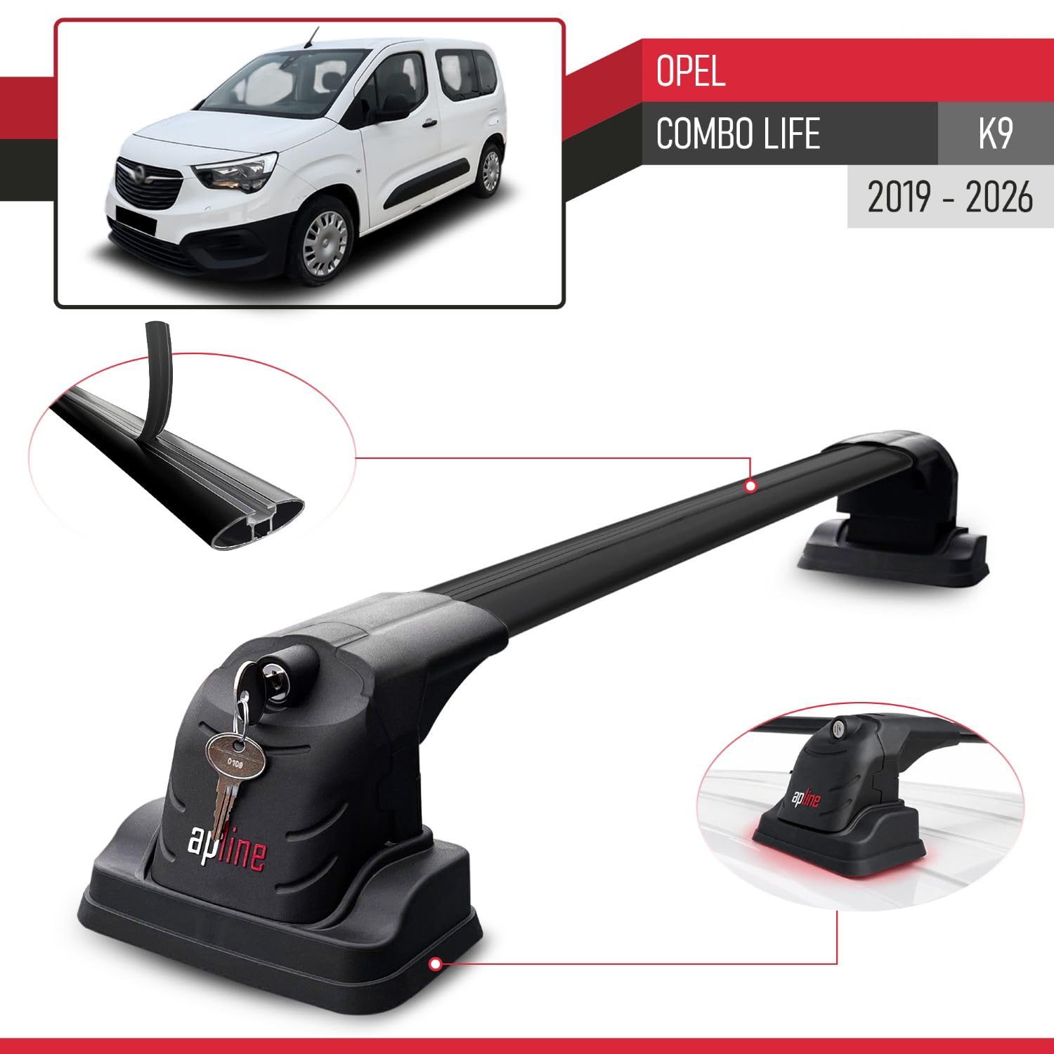 Compatible con Opel Combo Life (K9) 2019-2026 Modelo Ace-3 Barra de Techo Auto Portaequipajes Barras Transversales Negro Aluminio 2 Barras
