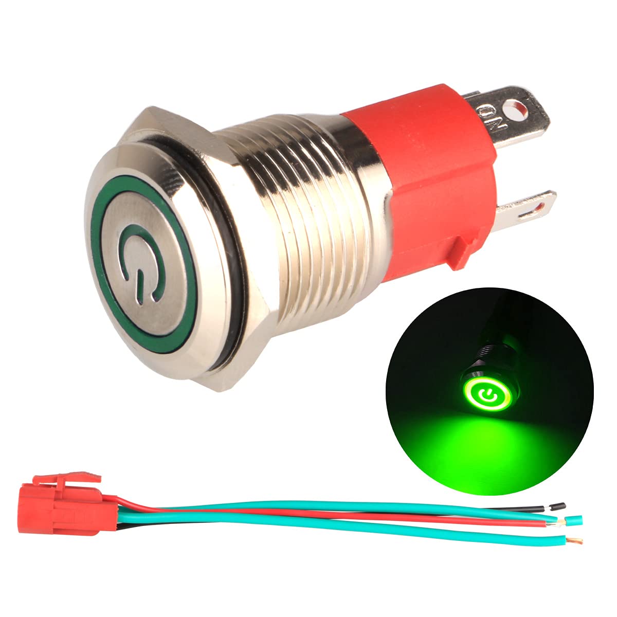 Interruttore Pulsante 16mm LED Verde - 12V-24V/15A, Impermeabile IP65, Con Spina