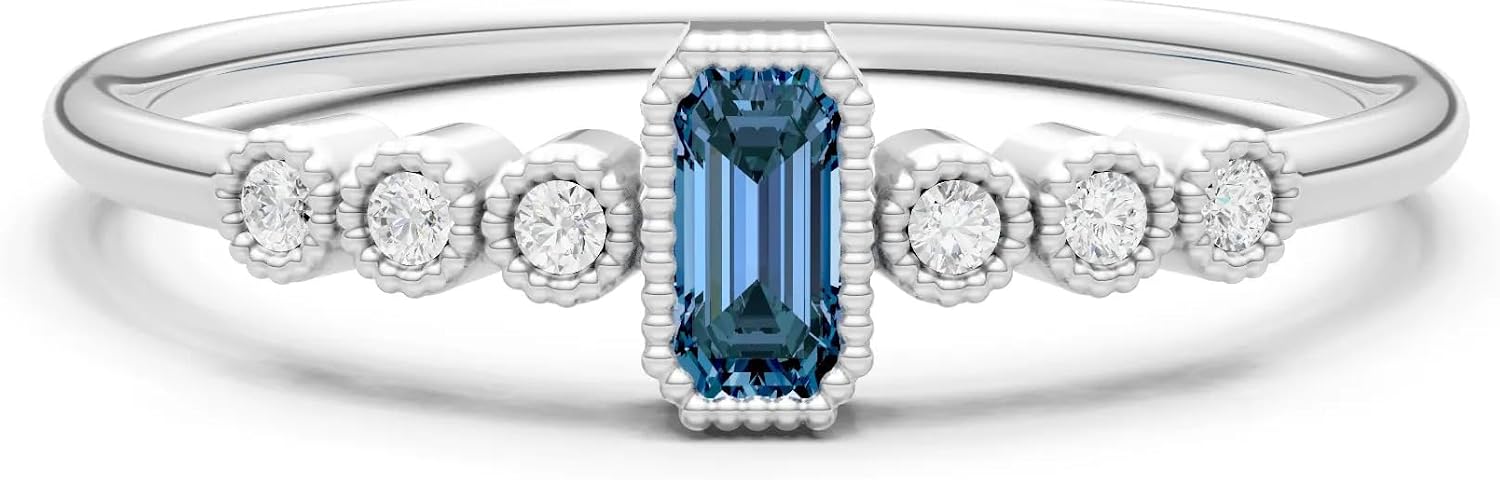 PEORA Emerald Cut Cut Alexandrite Stackable Band Available in Solid 10K, 14K or 18K Ring – White, Yellow or Rose Gold