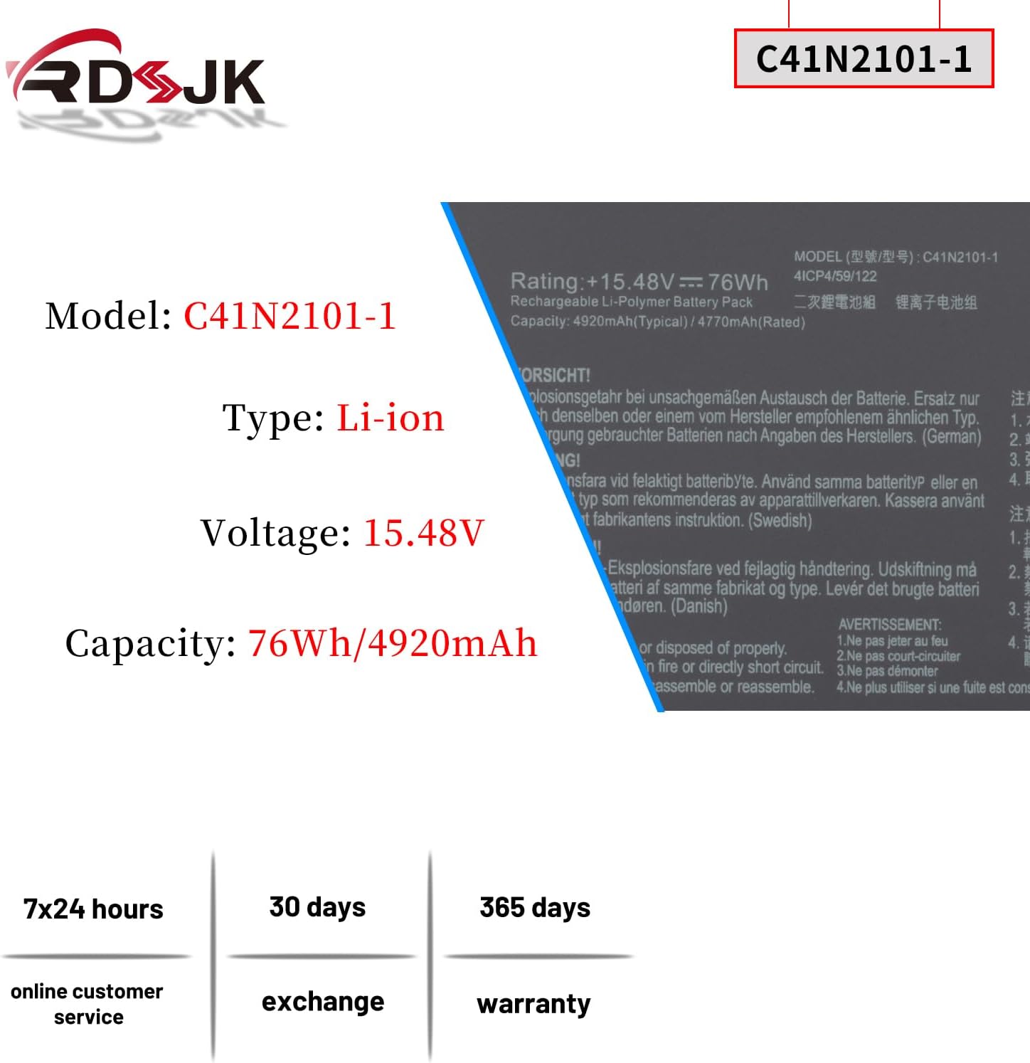 C41N2101-1 Laptop Battery for ASUS Zenbook Pro 14 Duo OLED UX8402 UX8402V UX8402VU UX8402VV UX8402Z UX8402ZA UX8402ZE Series 15.48V 76Wh 4920mAh(Not C41N2101)