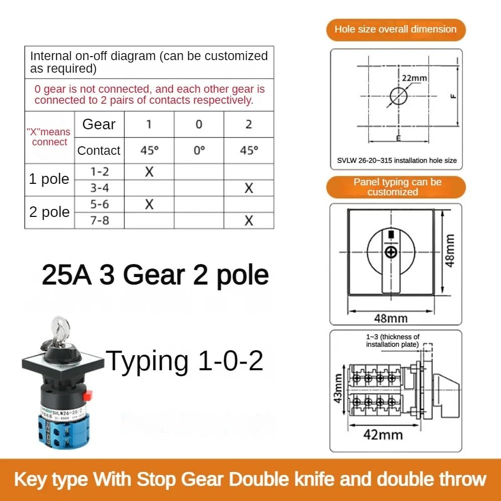 PRIFO Changeover Cam Switch with Key 25A 690V Silver Contact 1/2/3/4poles 3 Positions LW26-25 Series Rotary Selector Universal Switch(25A 2 Pole 1-0-2)