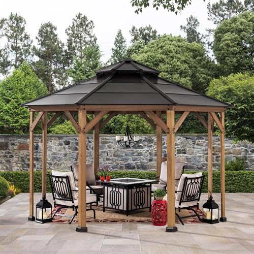 Sunjoy Ion Collection 13 x 13 ft. Cedar Framed Octagon Wood Gazebo with Brown Double Tiered Steel Hardtop Roof and Ceiling Hook for Garden, Backyard Shade - Image 3