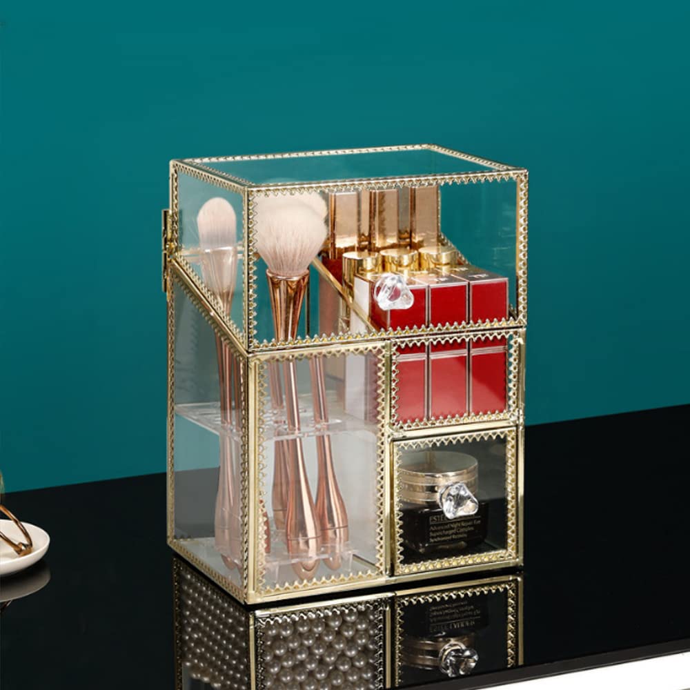YUEHUA Wielofunkcyjny uchwyt na pędzle do makijażu, w stylu vintage, przezroczyste szkło, organizer na pędzle do przechowywania perfum, lakieru do paznokci, szminek, kremu do twarzy, pędzli do