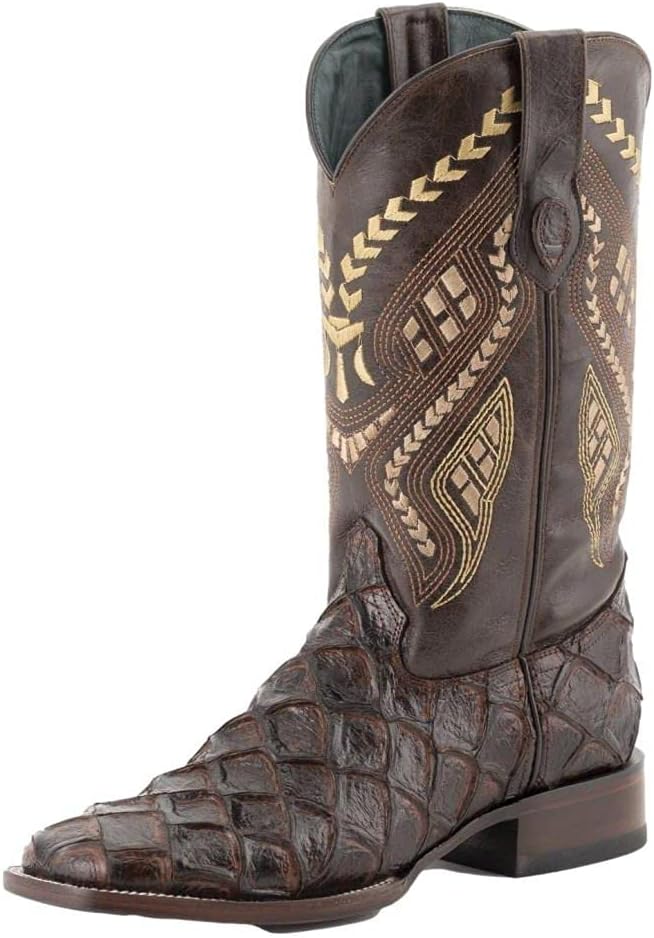 Ferrini Men's Bronco Pirarucu Print Square Toe Leather Heeled Western Boots, Chocolate, 9.5