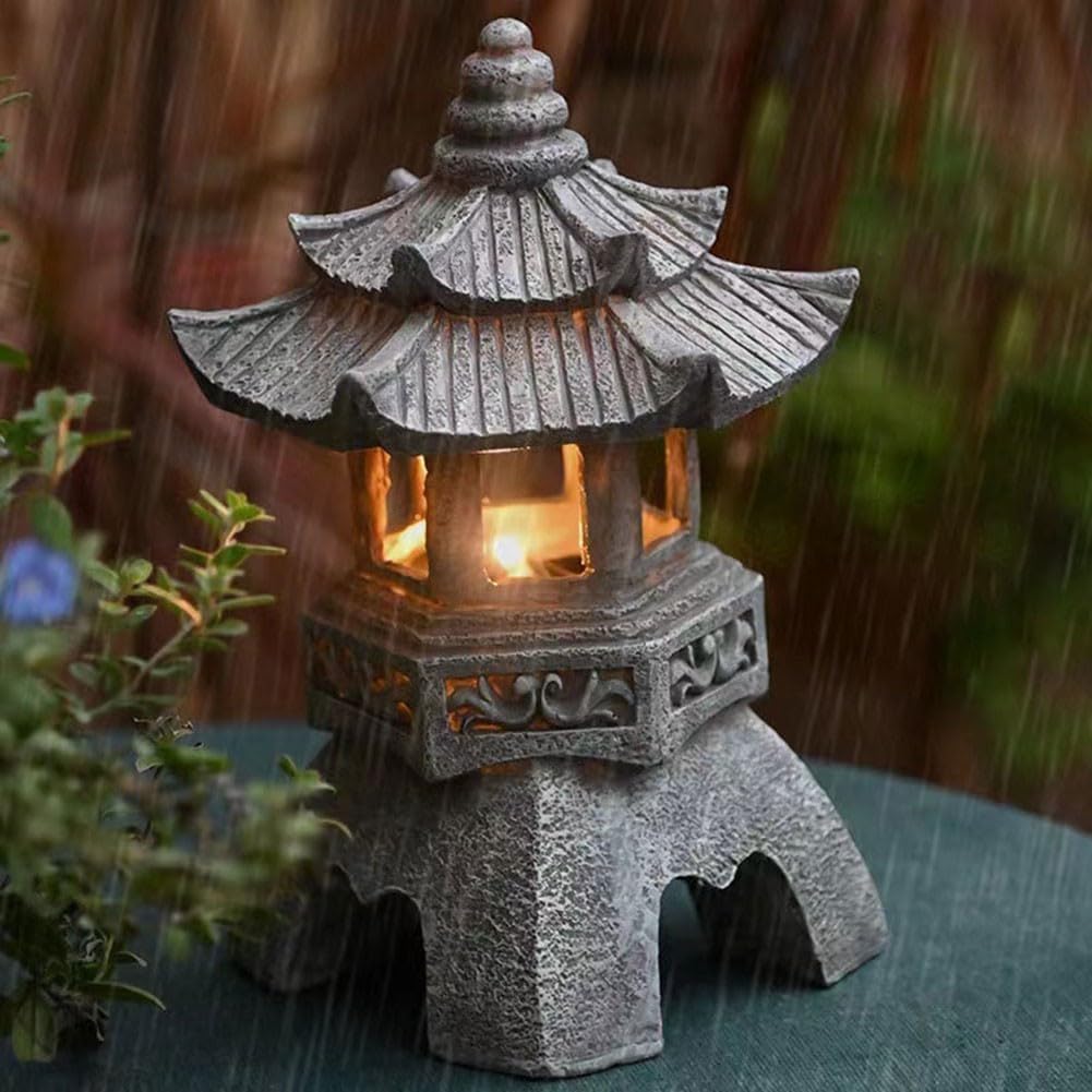Farol solar de resina de pagoda, estatua de jardín, resistente a la intemperie, adorno de luz zen para exteriores con encendido/apagado automático, decoración de torre china para patio