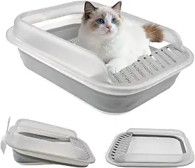 kathson Caixa de areia dobrável para gatinhos, caixa de areia para gatos idosos de baixa entrada semi fechada vaso sanitário com pedal à prova de vazamento panela de areia dobrável para gatos pequenos
