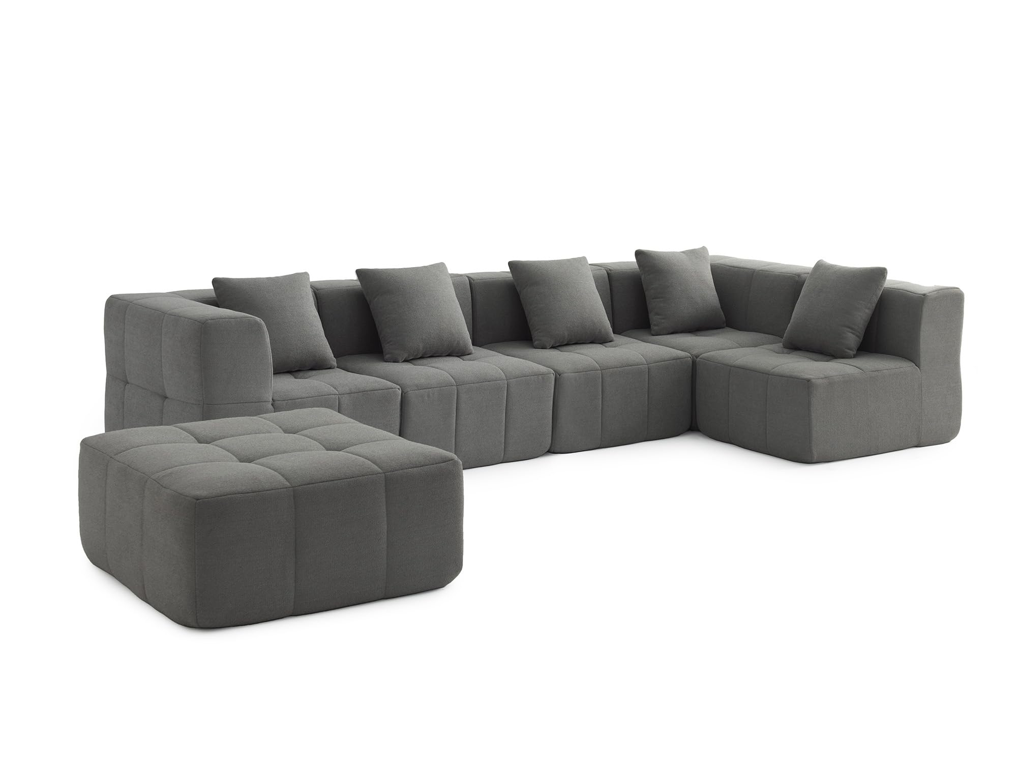 Canapé d'angle modulaire 5 Places avec méridienne, Tissu bouclé, Housses de Coussin Amovibles (Gris Nuage, 5 Places avec Méridienne)
