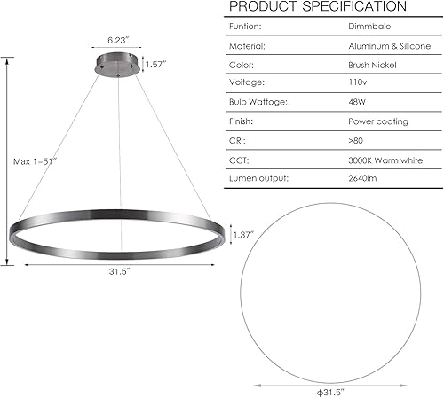Miniatura 6 de MADEM Lámpara de araña LED moderna de 2 anillos circular regulable luz colgante montaje empotrado para sala de estar, comedor, dormitorio, 3000 K,