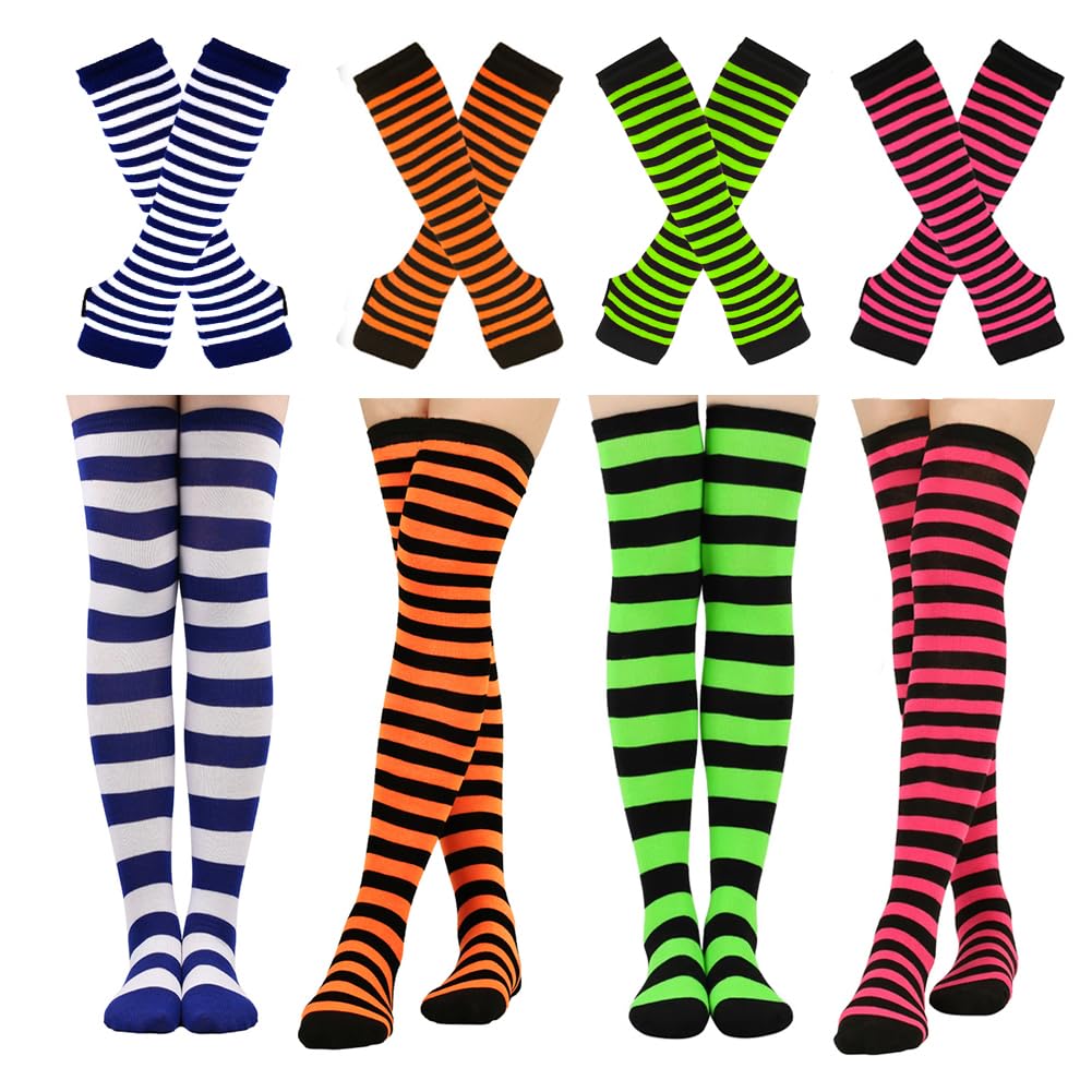 Barrlves2/4 Sets Womens Striped Knee High Socks Long Knitted Arm Warmers Fingerless Gloves for Halloween Costume