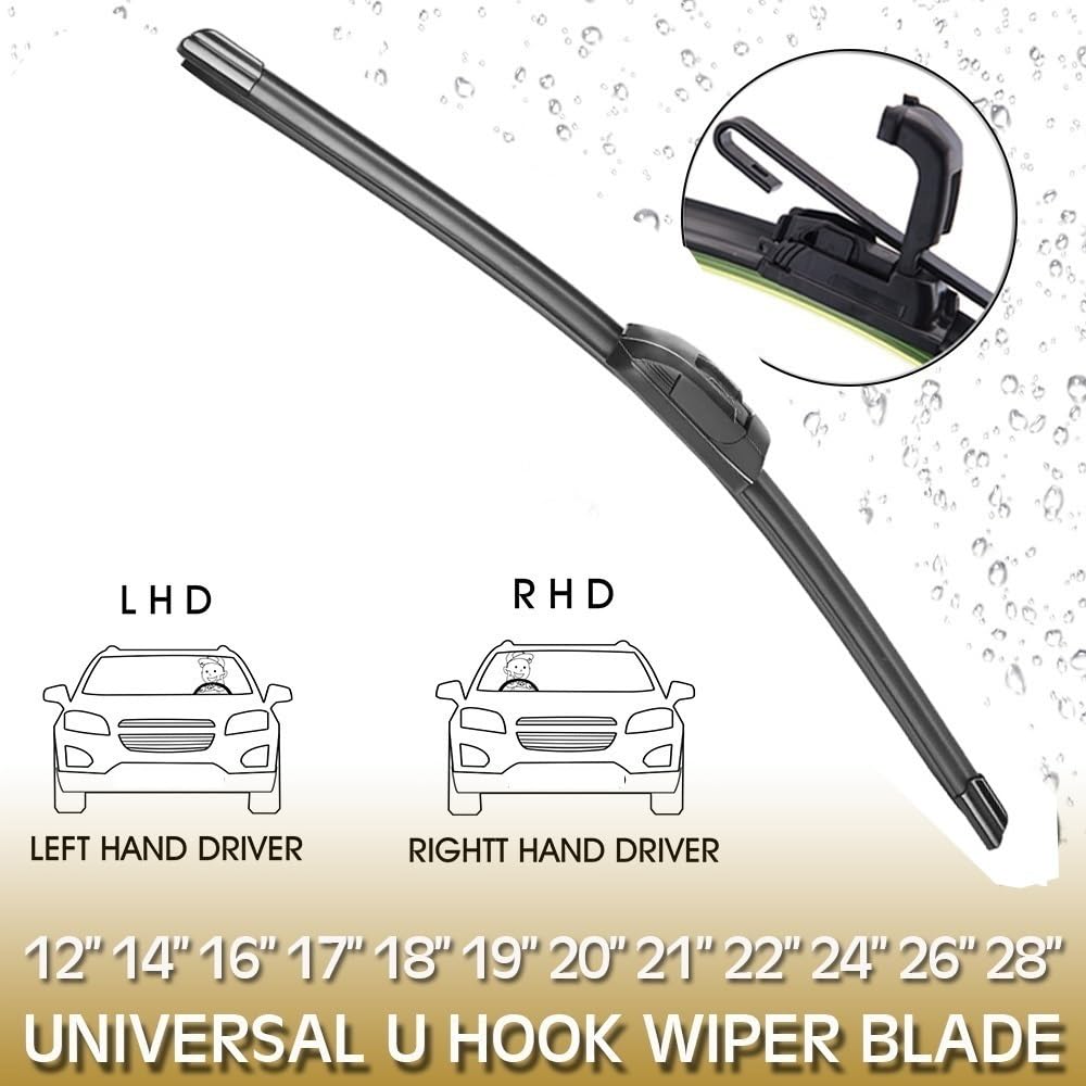 Wiper blade with J-hook detail and size chart for Left Hand Drive (LHD) and Right Hand Drive (RHD) vehicles