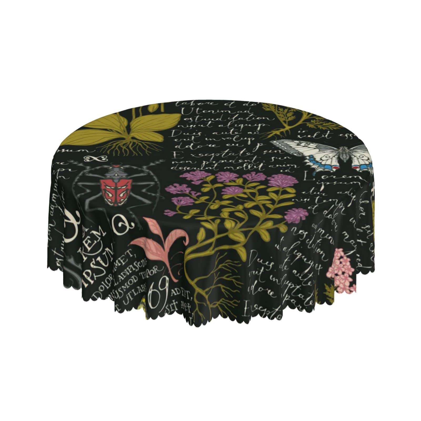 Lsjuee Herbs Insects Theme Black Round Tablecloth 60 Inch Printed Washable Tablecloth for Dining Party Holiday Fall Home Decorative