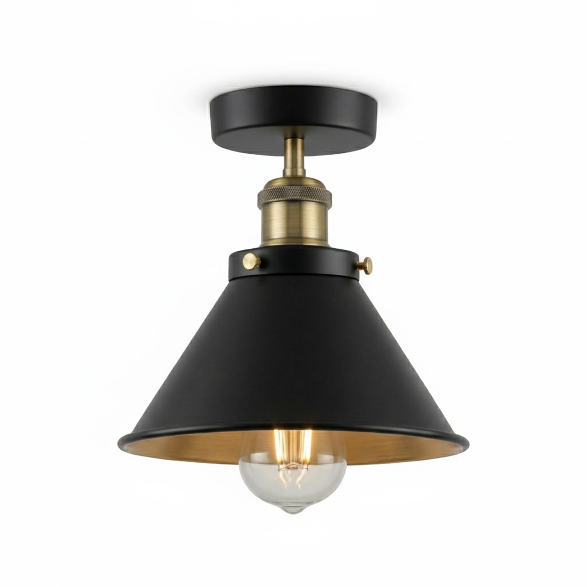 DC VOLTAGE Vintage Flush Ceiling Light E27 Metal Ceiling Lamp Black Exterior Gold Inner Conical Shade Ø 18cm, Industrial Flush Mount Lighting for Kitchen, Living Room, Bedroom, Hallway