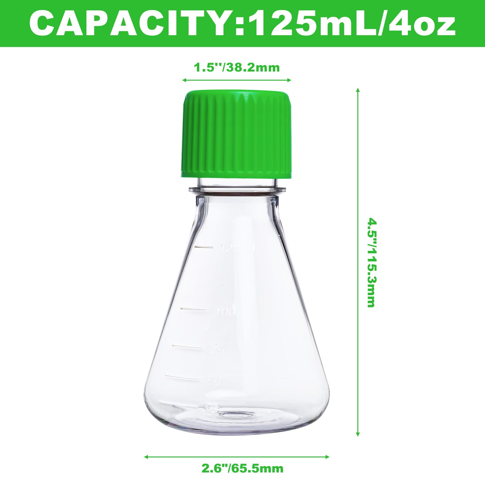 12 frascos Erlenmeyer, frasco de plástico Erlenmeyer de 125 ml, pistón cónico con tapón de rosca para trabajos de laboratorio, experimentos químicos y aplicaciones científicas (24 unidades de 125 ml)