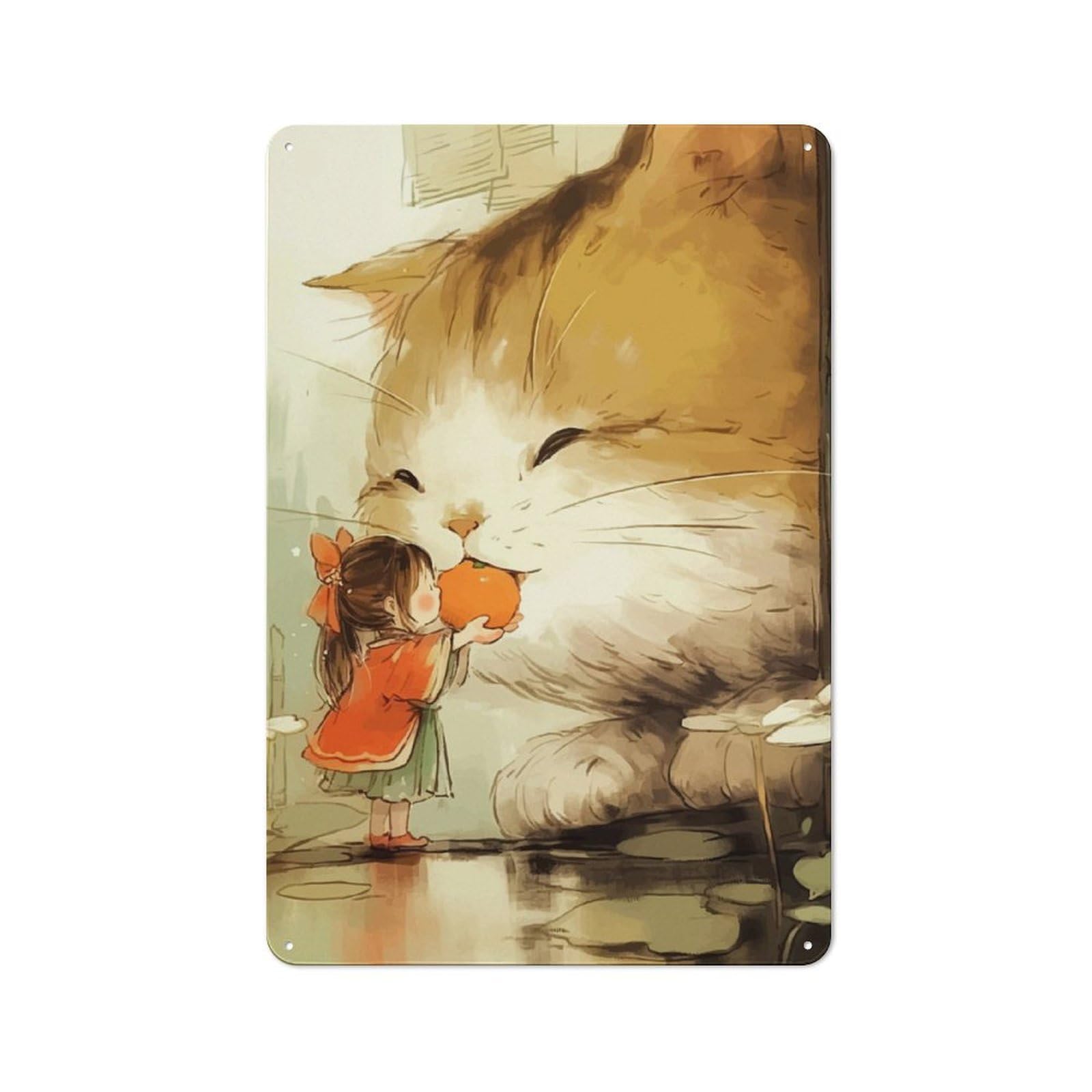 Junmoney Girls Feeding Giant Cat Vintage Metal Wall Sign 30X20cm For Garage Or Workshop, For Metal Sign Collectors, For Garage And Workshop Walls