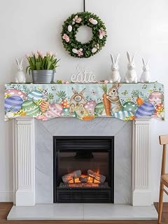 Easter Table Runner Mantel Scarf Fireplace Rabbit Butterflies Easter Eggs Spring Wood Fireplace Scarf, Perfect Fireplace Cover for Holiday Party Home Decor 90 x 17 in
