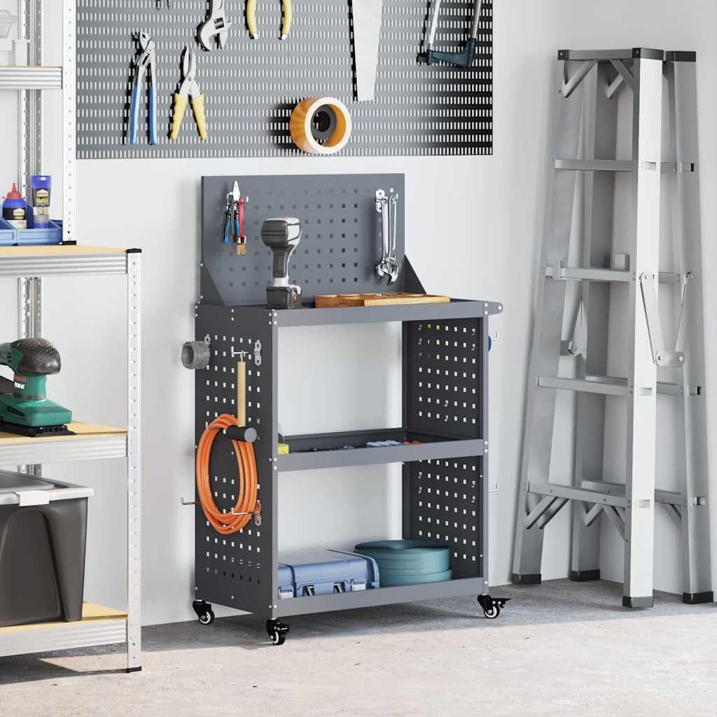 Carrello portautensili antracite in acciaio laminato a freddo, 65 x 35 x 111 cm, con 12 ganci, ruote e ripiani, per officina, garage, cantina, sistema di organizzazione e stoccaggio
