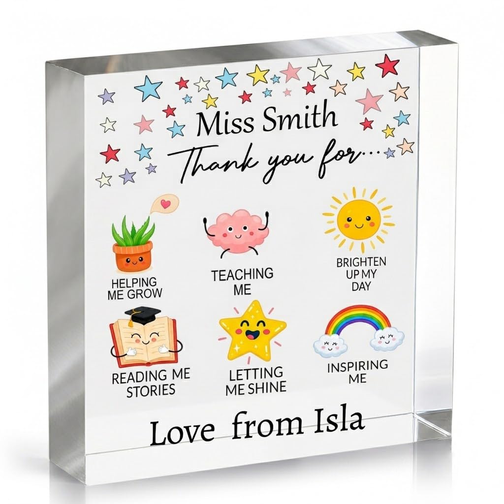 PB TECH Personalised Teacher Acrylic Block Gift, Custom Teacher Thank You Keepsake, Personalised Name Desk Blocks, End of Term Leaving Gift for Teachers, Nursery, Teaching Assistant (Design 07)