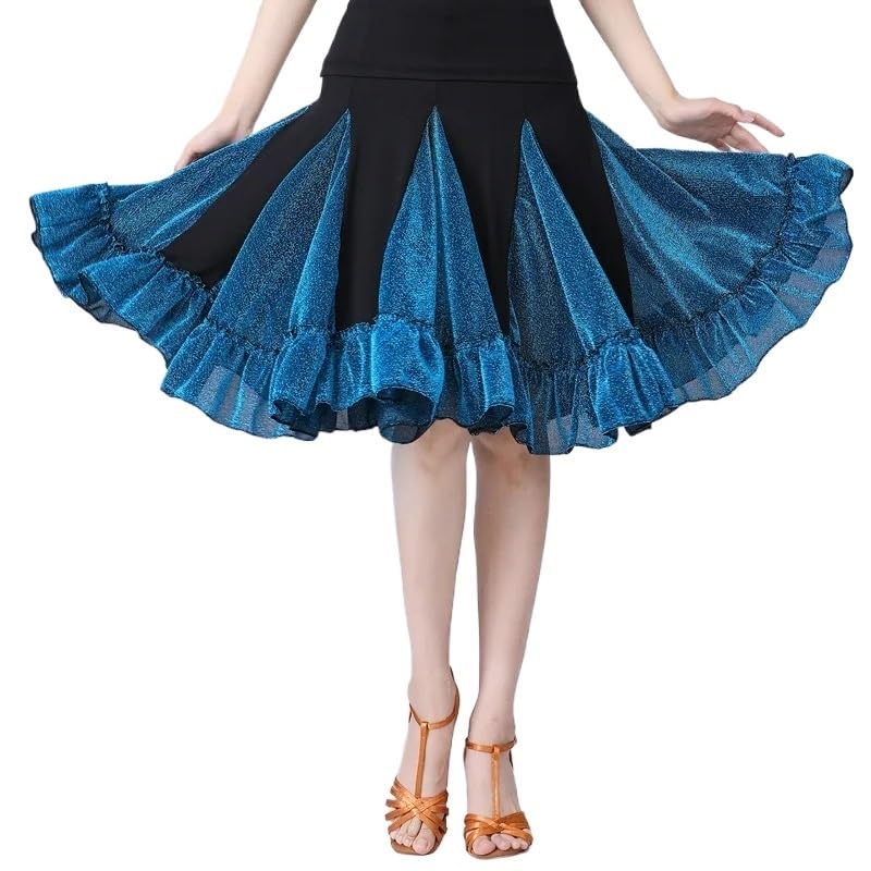Falda de Baile Latino Falda Femenina Ropa de práctica de Baile for Adultos Falda de Baile Falda Corta Falda de Gran Vuelo(Blueblack,XL)