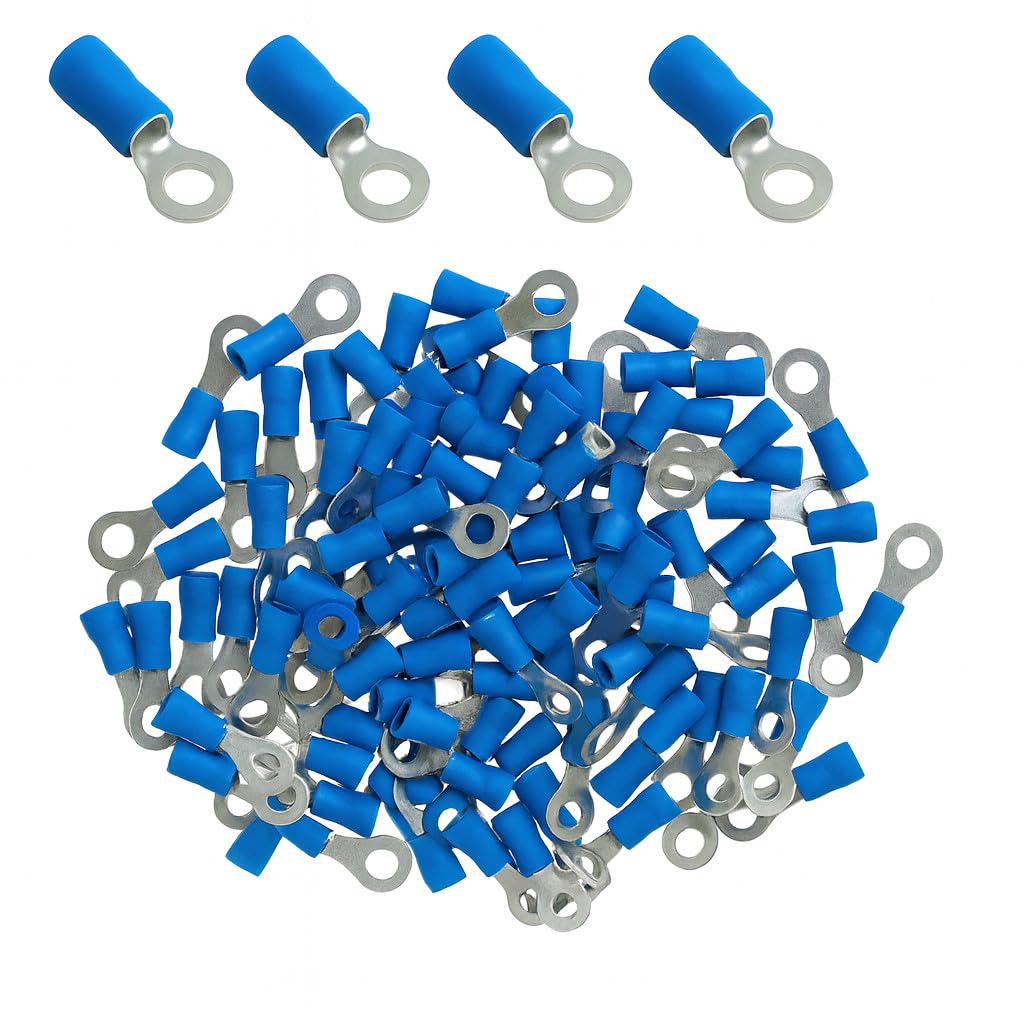 ANGSTROM 100pcs M4#8 Ring Terminals, Insulated Electrical Crimp Connectors 1.5-2.5mm² (16-14ga Blue)