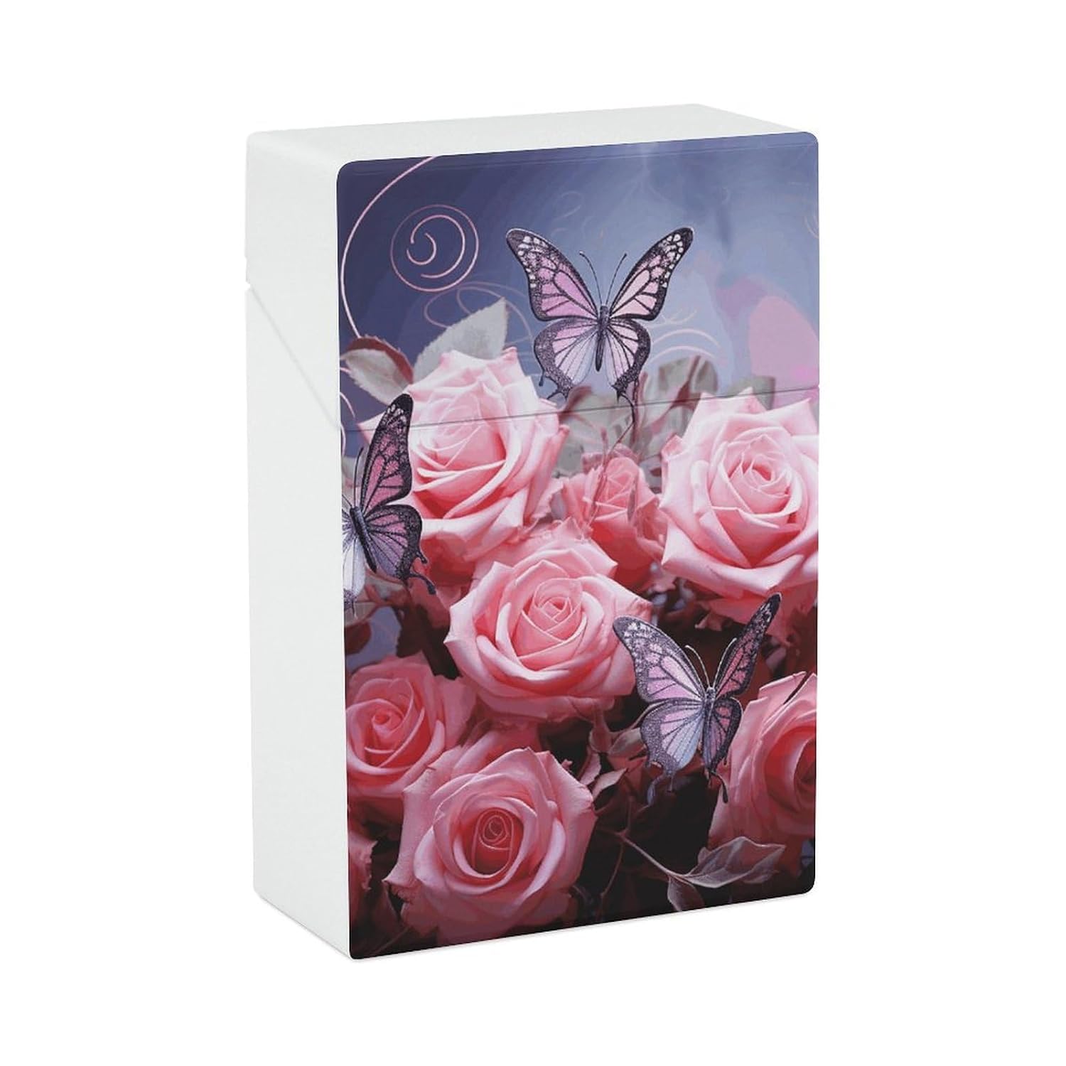 Cigarette Cases Pink Roses and Butterflies Printed Cigarette Case with 20 Capacity - Snap-in Spring Design for One-Hand Flip-Top - Travel Cigarettes Box for Men and Women Gift