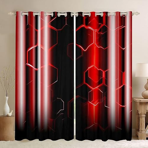 jejeloiu Honeycomb Curtains (2 Panels, 52 x 96 Inch) Modern Hexagon Theme Red Cu