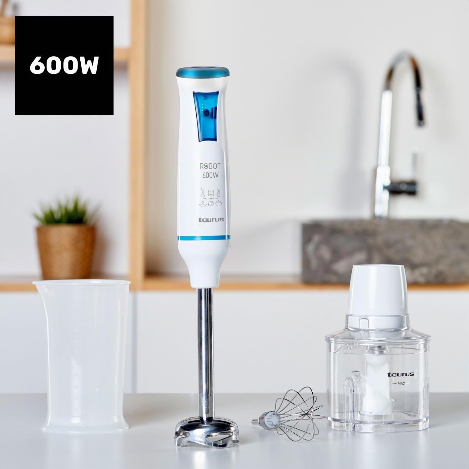 Taurus Robot 600 Plus – Frullatore a immersione, 600 W, 0.5 litri, 0 Decibel, Bianco e blu, [Classe di efficienza energetica A]