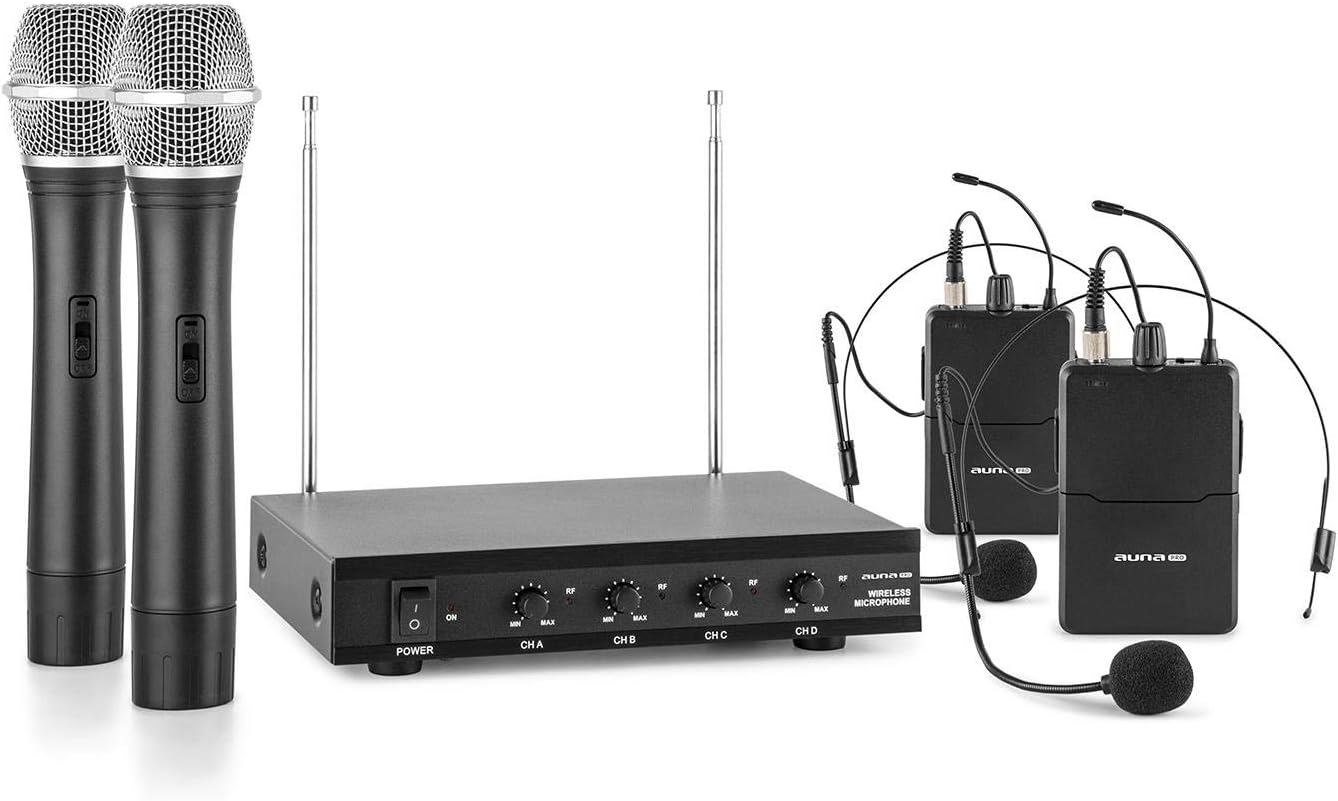 auna VHF4HS 4Channel VHF Wireless Microphone Set (2 x Headset and 2