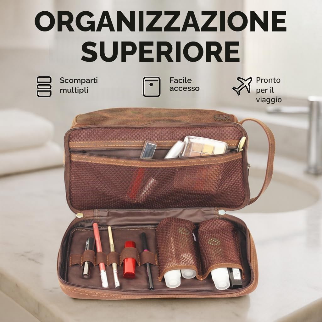 Beauty case da viaggio in vera pelle – organizer igienico Dopp kit Rustic Town