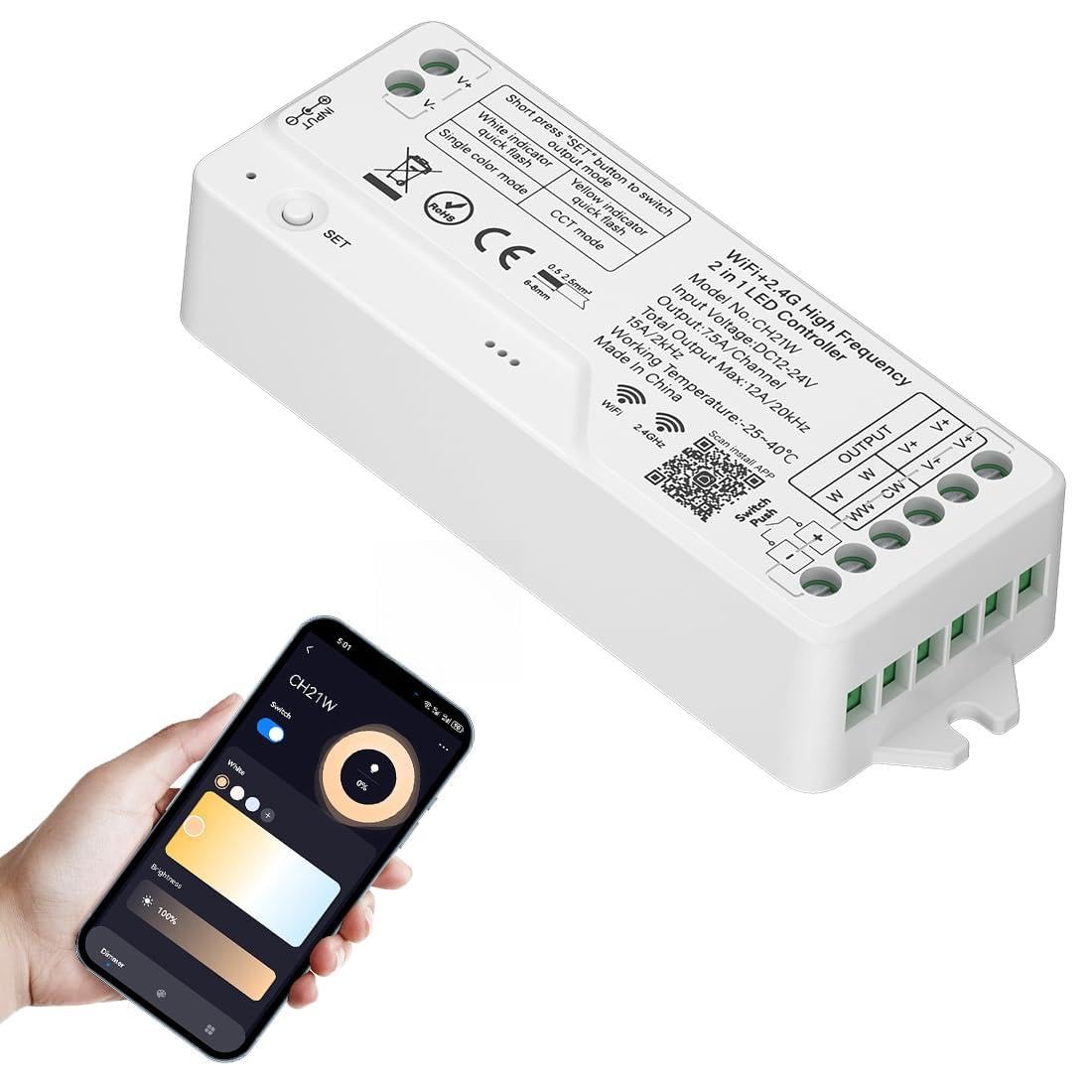 SEZO CH21W 2IN1 WiFi 2.4G RF LED Controller 20kHz Alta Frecuencia PWM Dimmer | DC12V-24V Control Monocolor CCT LED tiras para sin parpadeo, sin sonido, compatible con Alexa, Tuya y Smart Life App