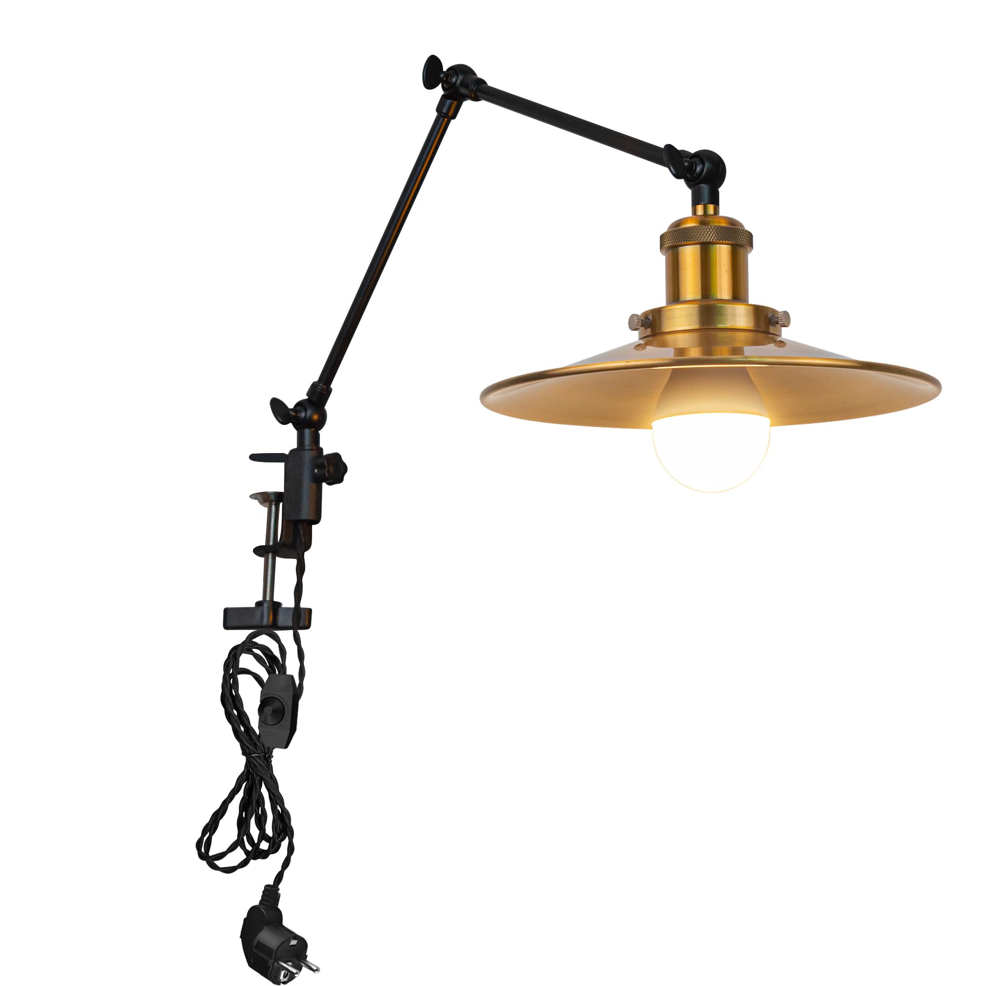 Industrial Klemmleuchte mit 2,5 Schalterkabel, Einstellbar Clip auf Schreibtisch Leselampe,Dimmbar Clamp Nachttischlampe mit Flexarm für Schreibtisch Nachttisch Regal Gold- TD/2773