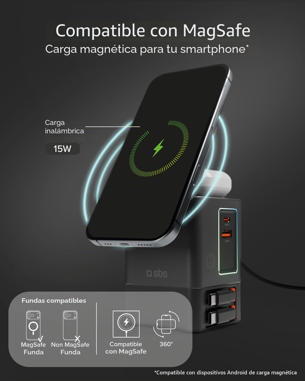SBS Power Dock 6in1 100W USB-C, Carga Inalámbrica 15W, Compatible con MagSafe, Power Delivery (PD 3.0 PPS), Estación de Carga con 2 Cables Retráctiles, Adaptador para Portátil, iPhone, AirPods, Negro | Power Delivery (PD 3.0 PPS), estación de carga con 2