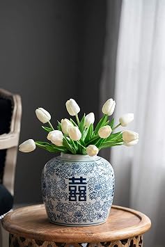 A&B Home Blue and White Ceramic Ginger Jar with Lid Ancient Chinese Oriental Style Multi Purpose 7.9" x 7.9" x 9.4"