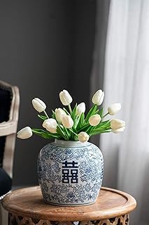 A&B Home Blue and White Ceramic Ginger Jar with Lid Ancient Chinese Oriental Style Multi Purpose 7.9" x 7.9" x 9.4"