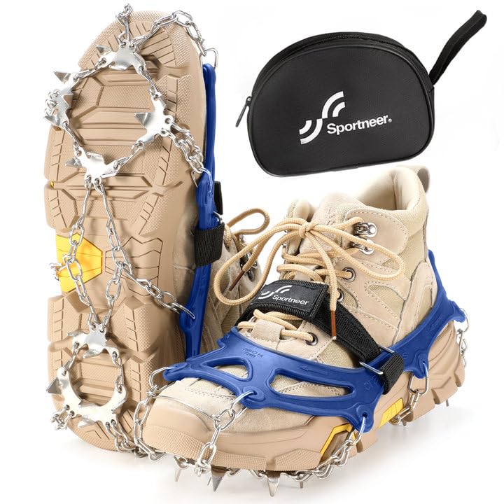 Sportneer Ramponi da Ghiaccio a trazione, 19 Denti 201 Inox Copertura Antiscivolo per Scarpe da Neve, ramponi per scarponi, Protezione sicura per Camminare, Jogging, Pesca, Camp