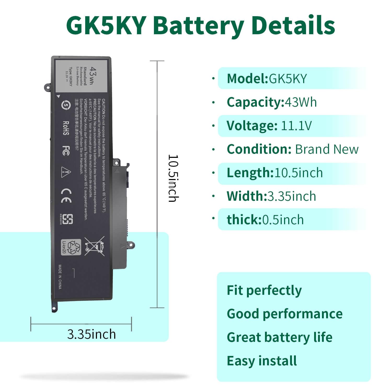 Batería GK5KY 43Wh Para Dell Inspiron 11/13/15 Series – 12 Meses Garantía – Reemplazo Directo
