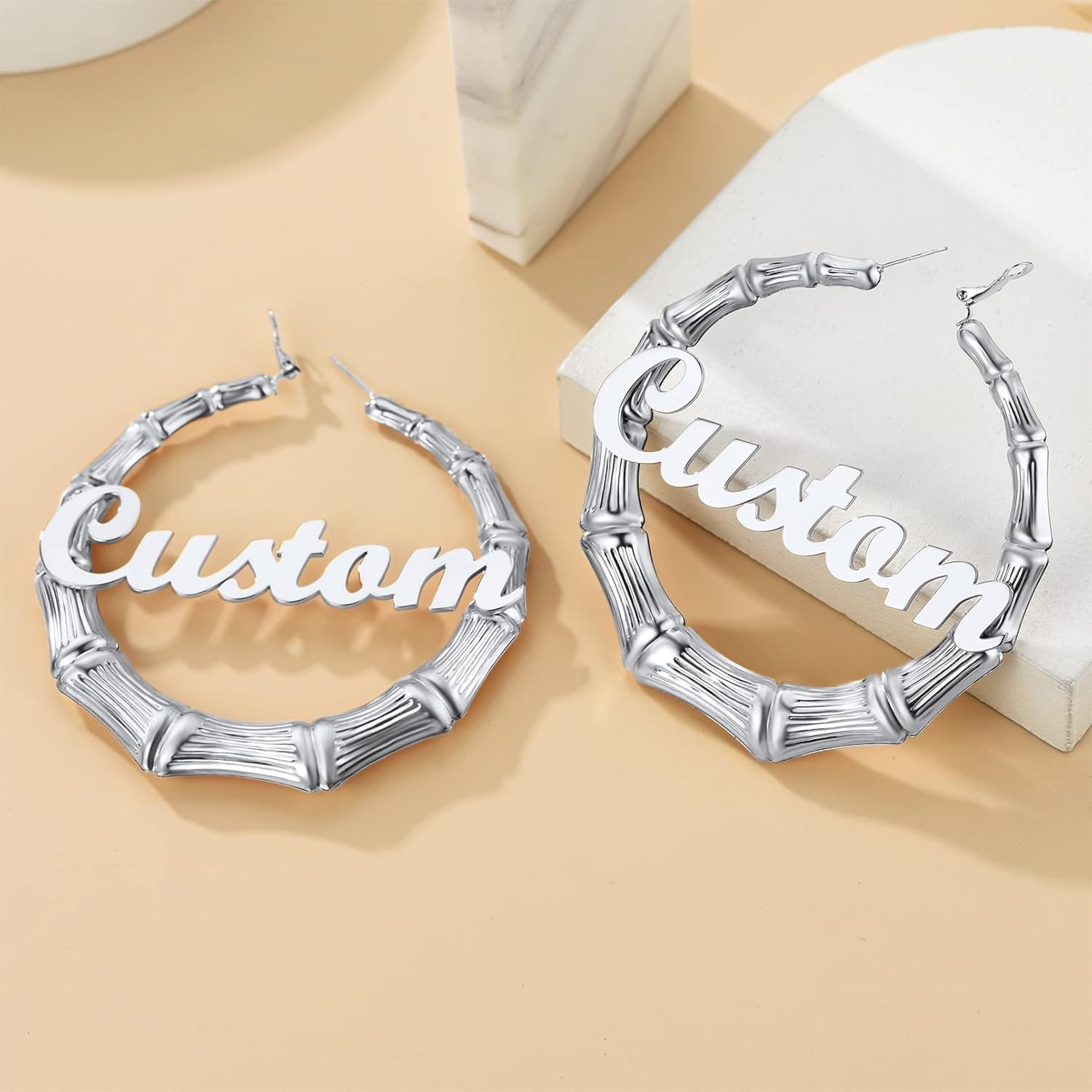 Custom4U Bamboo Hoop Earrings for Women Gold/Silver/Black Large Name Earrings Personalized - Hypoallergenic Lightweight Big Thick Hoops 30/40/50/60/70/80mm - Custom Made Birthday Christmas Gifts