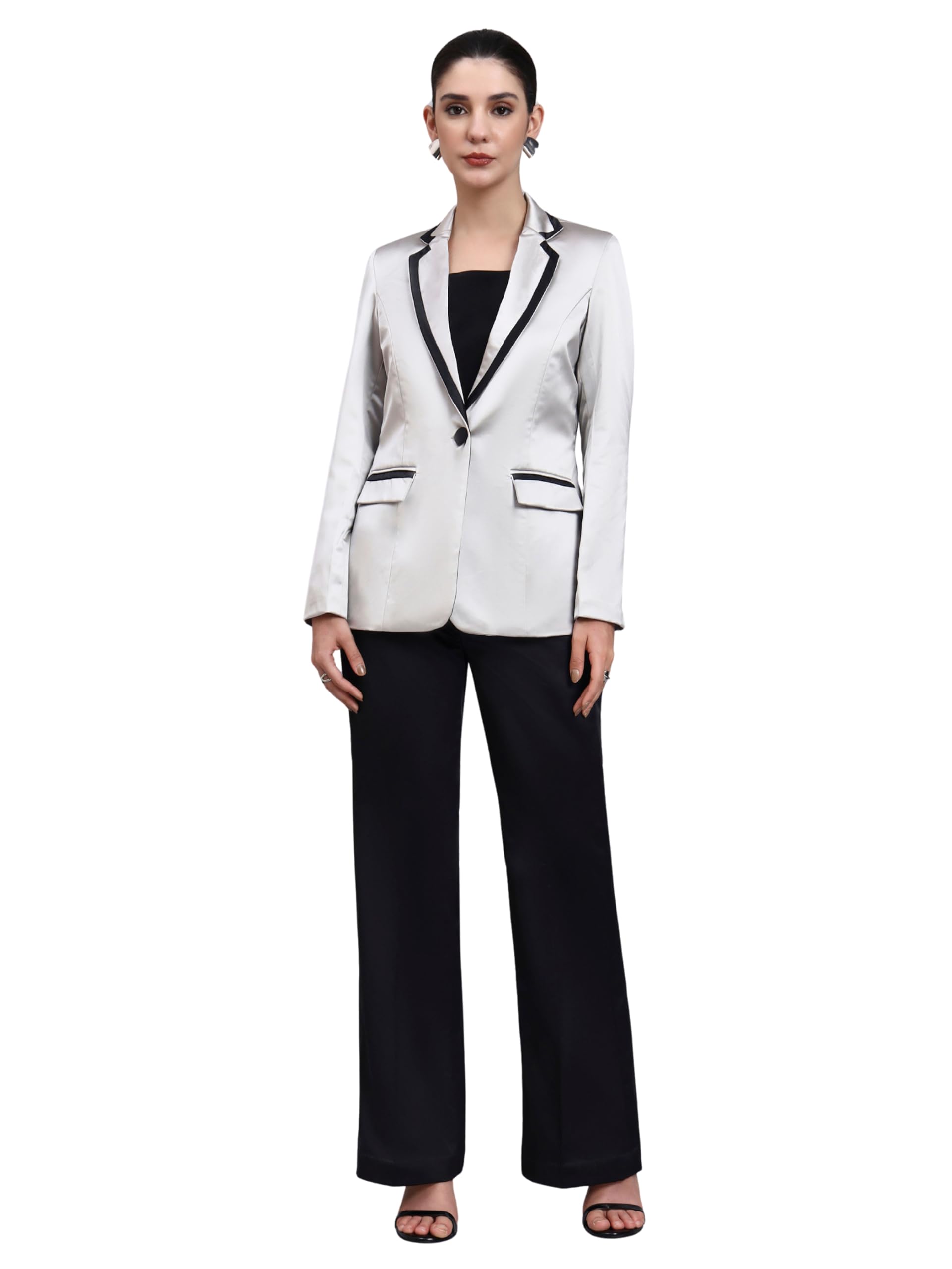 Silver Satin Blazer Set with Black Trim Accents | Elegant Formal Blazer & Trousers for Women | Stylish Office Coat-image-20