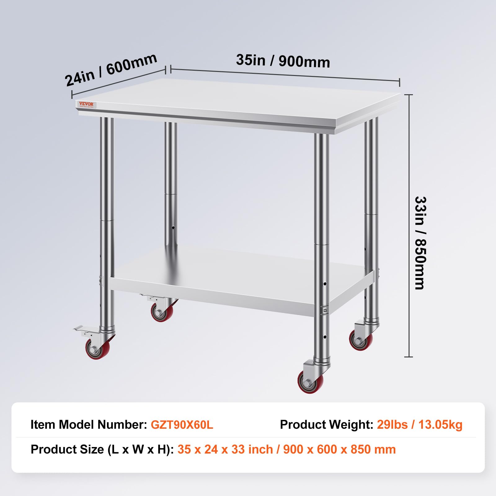 VEVOR Mesa de Trabajo 2 Niveles 90 x 60 x 85 cm, Mesa con Ruedas de Acero Inoxidable, Estante Inferior Ajustable, para Preparación de Alimentos en Cocinas Comerciales, Restaurantes, Garajes, Talleres