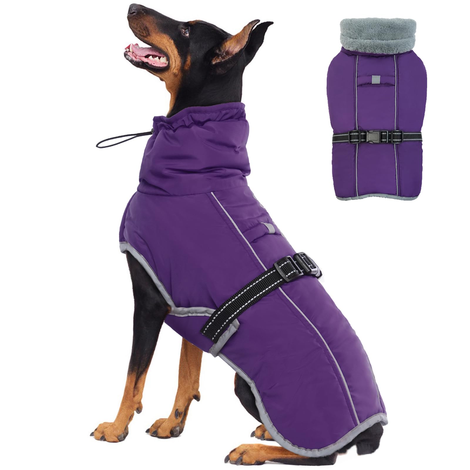OUOBOB Large Dog Winter Coat - Waterproof, Reflective, Warm Vest for Cold Weather - Windproof Adjustable Snowsuit With Fleece Lined - Labrador Purple XXXL