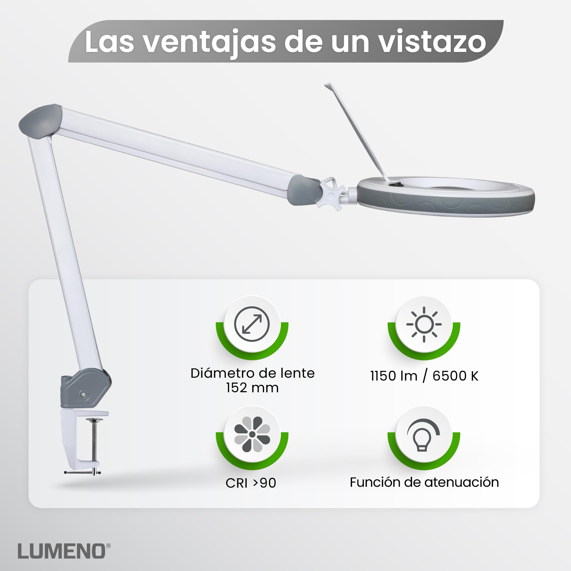 Lumeno 8513GR Lámpara lupa LED con gran lente de cristal auténtico de 152 mm, luminosidad regulables, adecuada como lámpara de trabajo, de aumento, ayuda de lectura, lupa estetica, 3 dioptrías gris