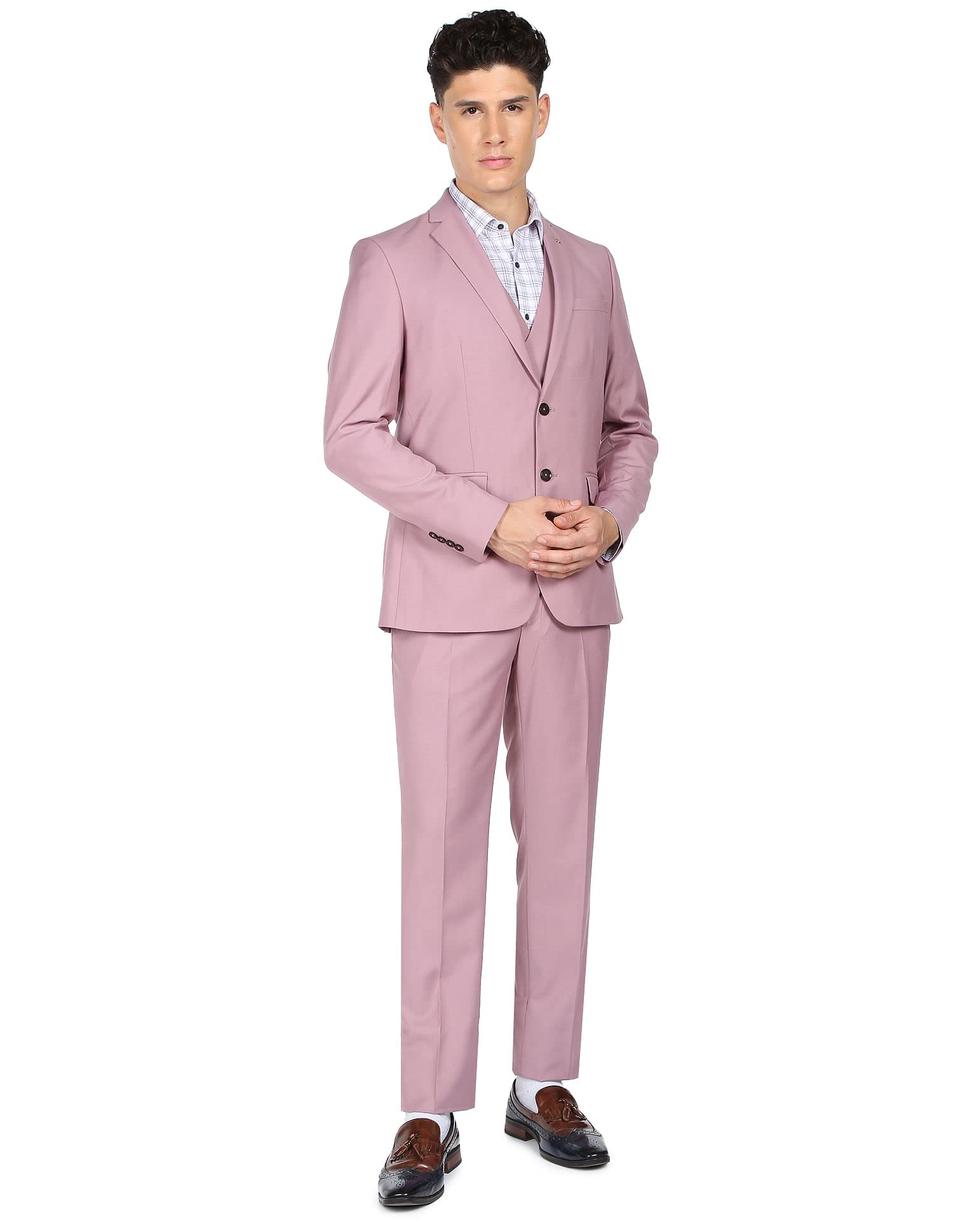 arrow Men Pink Tailored Regular Fit Three Piece Suit-picture-29