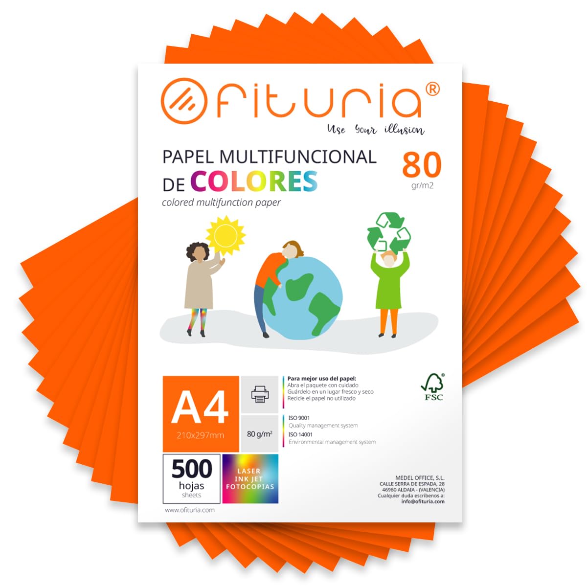 OFITURIA Fogli colorati, Confezione da 500 Fogli A4 80 g – Carta colorata per hobby creativi, stampante, scrapbooking – Fogli colorati (Arancione Fluo, 500 fogli)