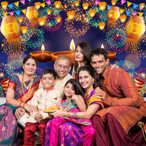 Image of 6x3.6ft Happy Diwali Backdrop Banner Decor Festival of Lights Fireworks Orange Lanterns Photography Background for Indian Traditional Diwali Pooja Festivals