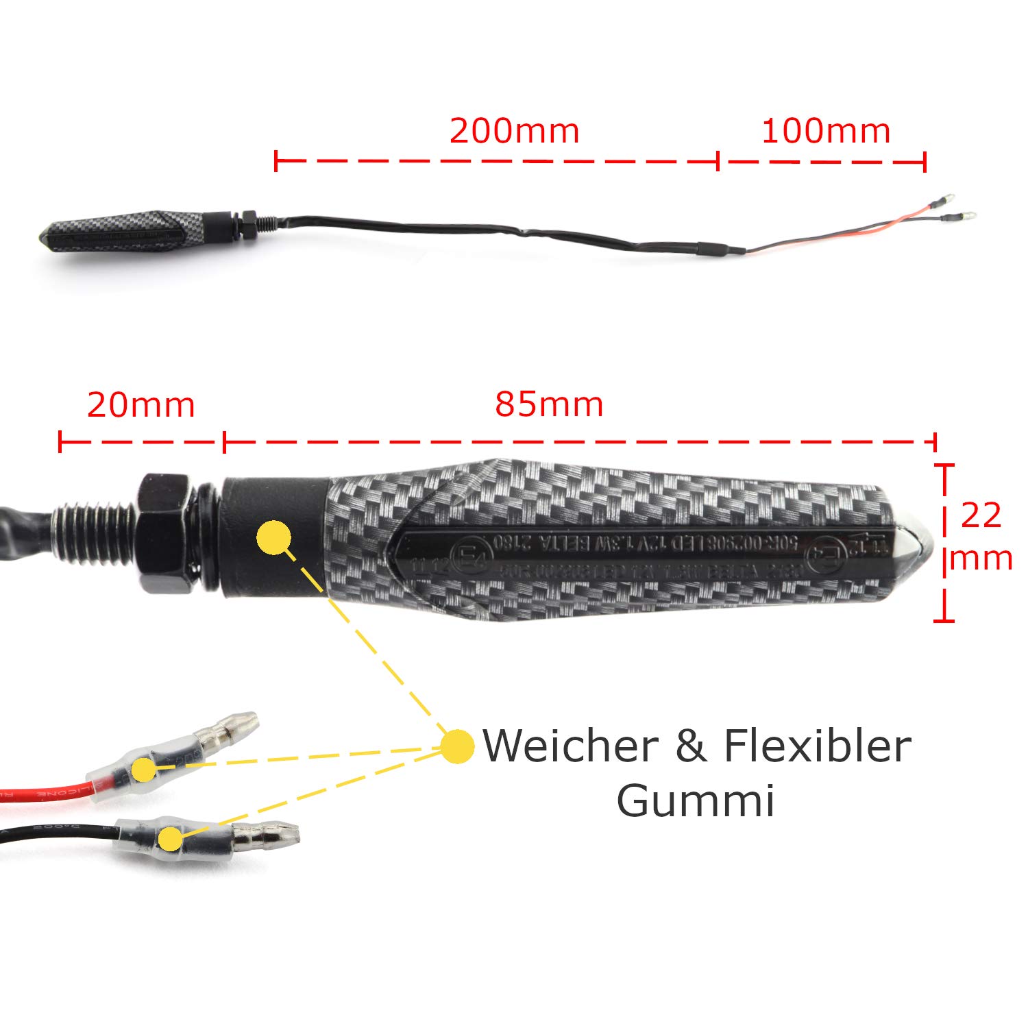 Area1 Juego de intermitentes LED M8 (4 unidades), efecto de luz de marcha atrás, certificado E, E-Mark (ECE) (V5), color negro, compatible con 4 x + relé)