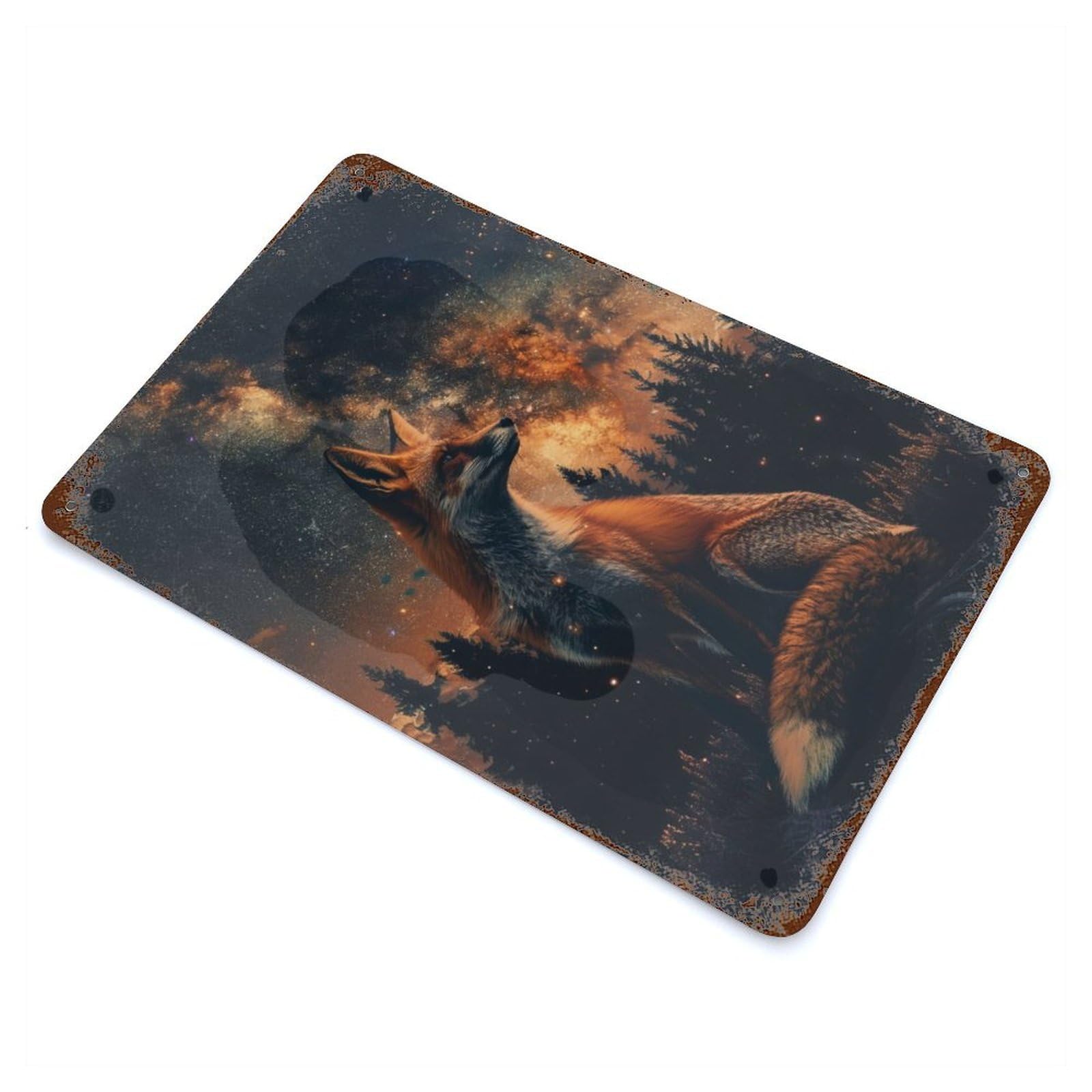 Garage Style Fox In Forest With Meteor Rusty Metal Tin Sign 11.8"x7.9", Farmhouse Wall Decor for Bar And Workshop