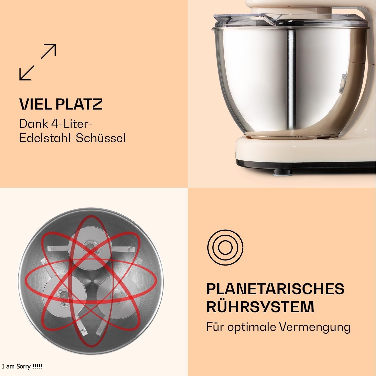 Klarstein Bella Küchenmaschine - Knetmaschine mit 6 Geschwindigkeitsstufen, Rührmaschne aus Edelstahl, Pulsfunktion, planetarischen Rührsystem, 3 Rühraufsätze, 1200 W Leistung, creme