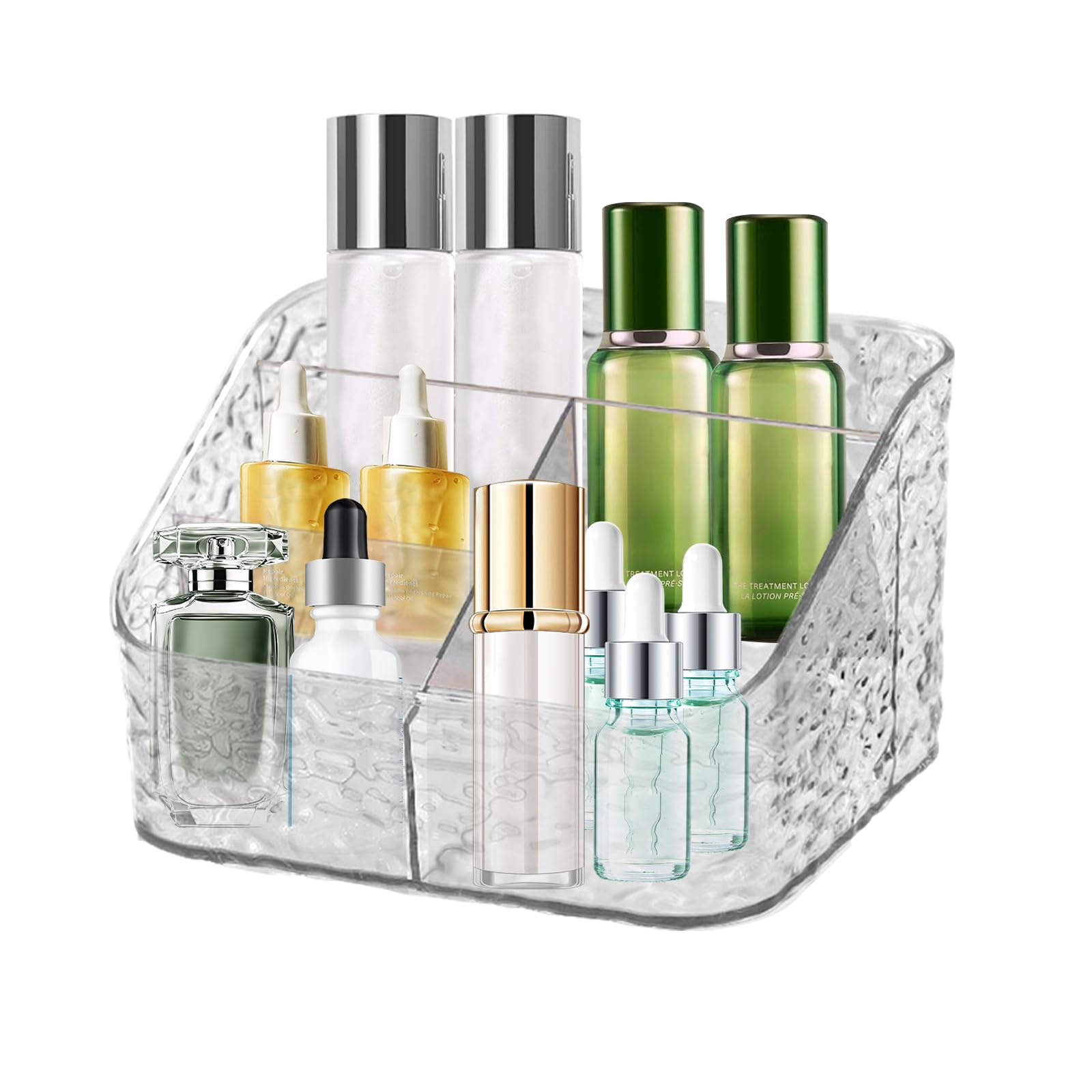 IIDEA 4-Compartment Clear Acrylic Organizer Countertop Makeup Storage Bin Transparent Ripple Plastic Cosmetic Caddy Coffee Condiment Holder Cabinet